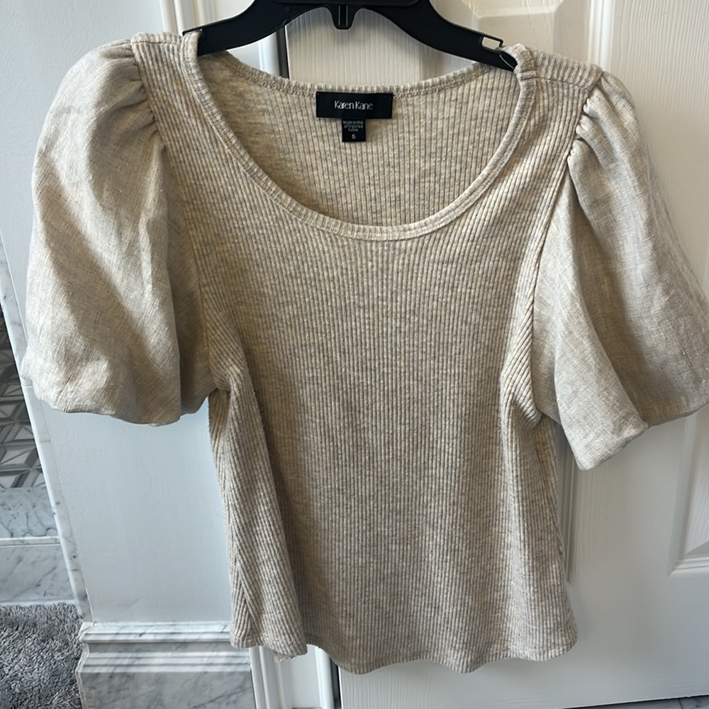 Karen Kane ribbed with linen puff sleeves top. Like new. Size S